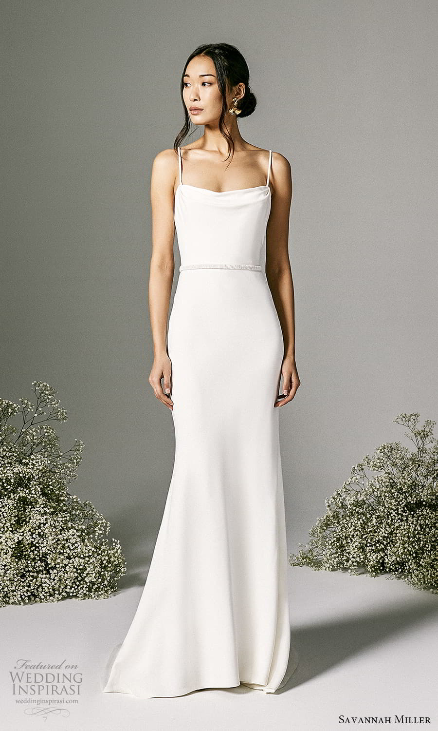 savannah miller spring 2022 bridal sleeveless straps straight across cowl neckline clean minimalist sheath wedding dress chapel train (4) mv