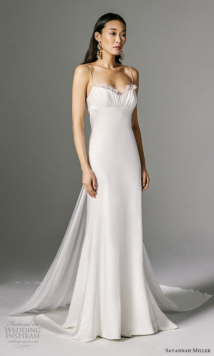 savannah miller spring 2022 bridal sleeveless straps sweetheart neckline ruched bodice clean minimalist slip sheath wedding dress chapel train (3) mv