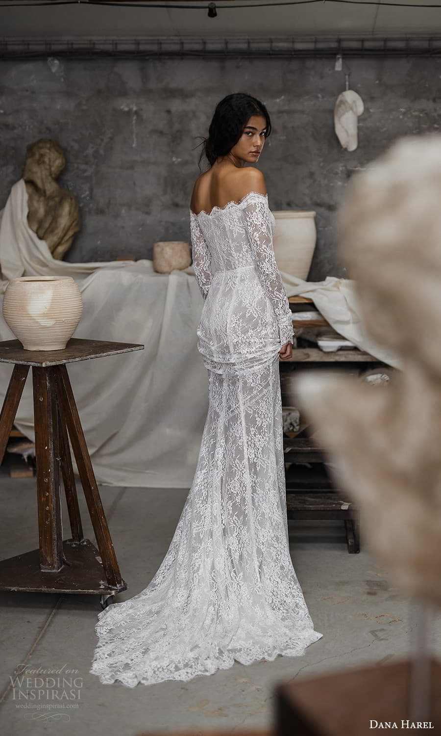 dana harel fall 2022 bridal off shoulder long sleeve scalloped neckline fully embellished lace sheath wedding dress chapel train (1) bv