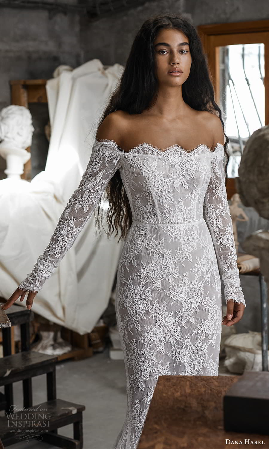 dana harel fall 2022 bridal off shoulder long sleeve scalloped neckline fully embellished lace sheath wedding dress chapel train (1) zv