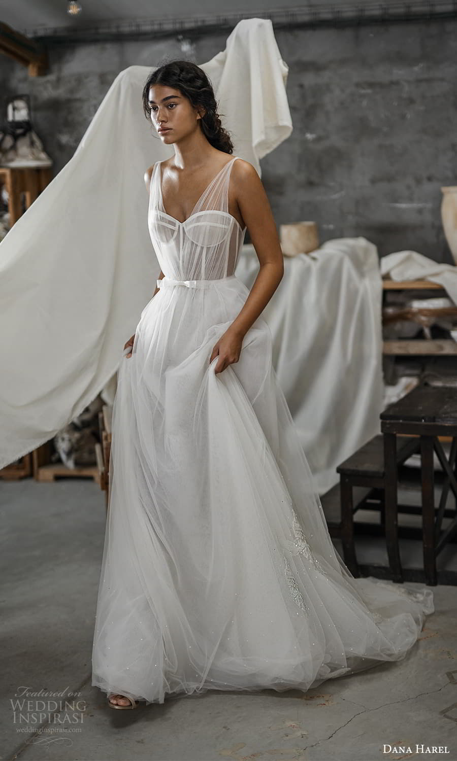 dana harel fall 2022 bridal sleeveless sheer ruched straps sweetheart neckline corset bodice a line ball gown wedding dress chapel train (6) mv