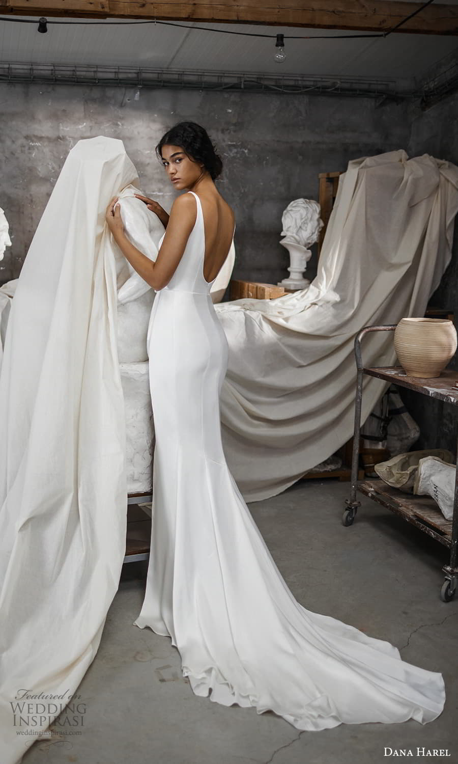 dana harel fall 2022 bridal sleeveless straps sweetheart neckline clean minimalist column sheath wedding dress slit skirt chapel train (5) bv