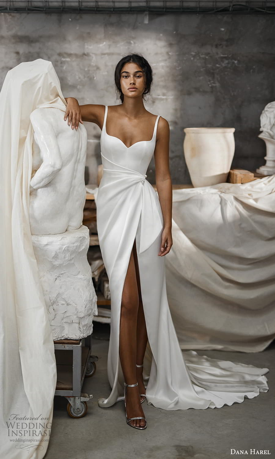dana harel fall 2022 bridal sleeveless straps sweetheart neckline clean minimalist column sheath wedding dress slit skirt chapel train (5) mv