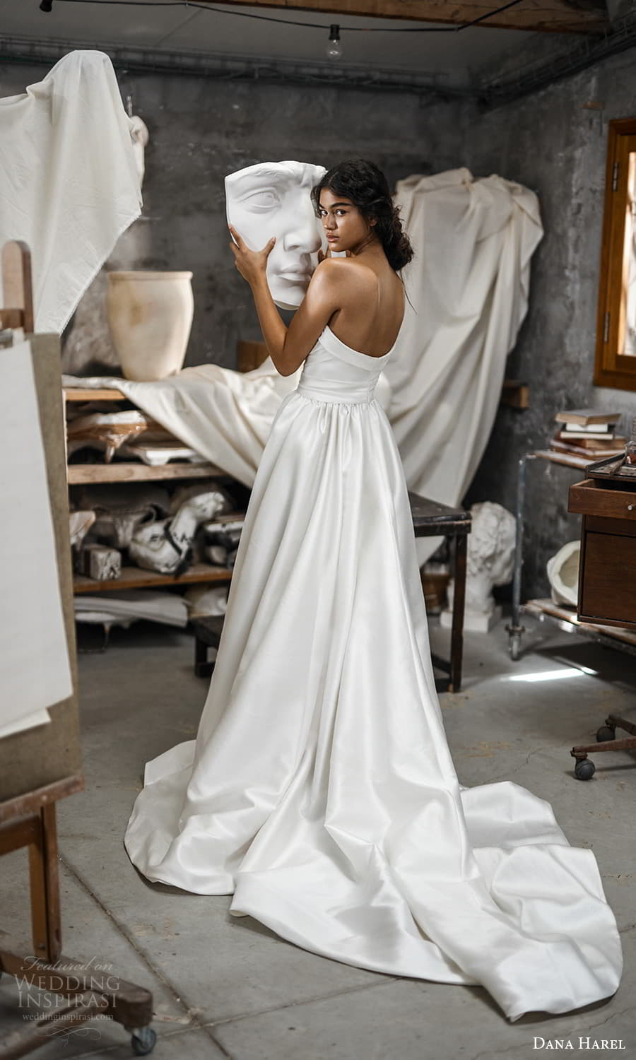 dana harel fall 2022 bridal strapless sweetheart neckline pleated bodice clean minimalist a line ball gown wedding dress chapel train slit skirt (7) bv