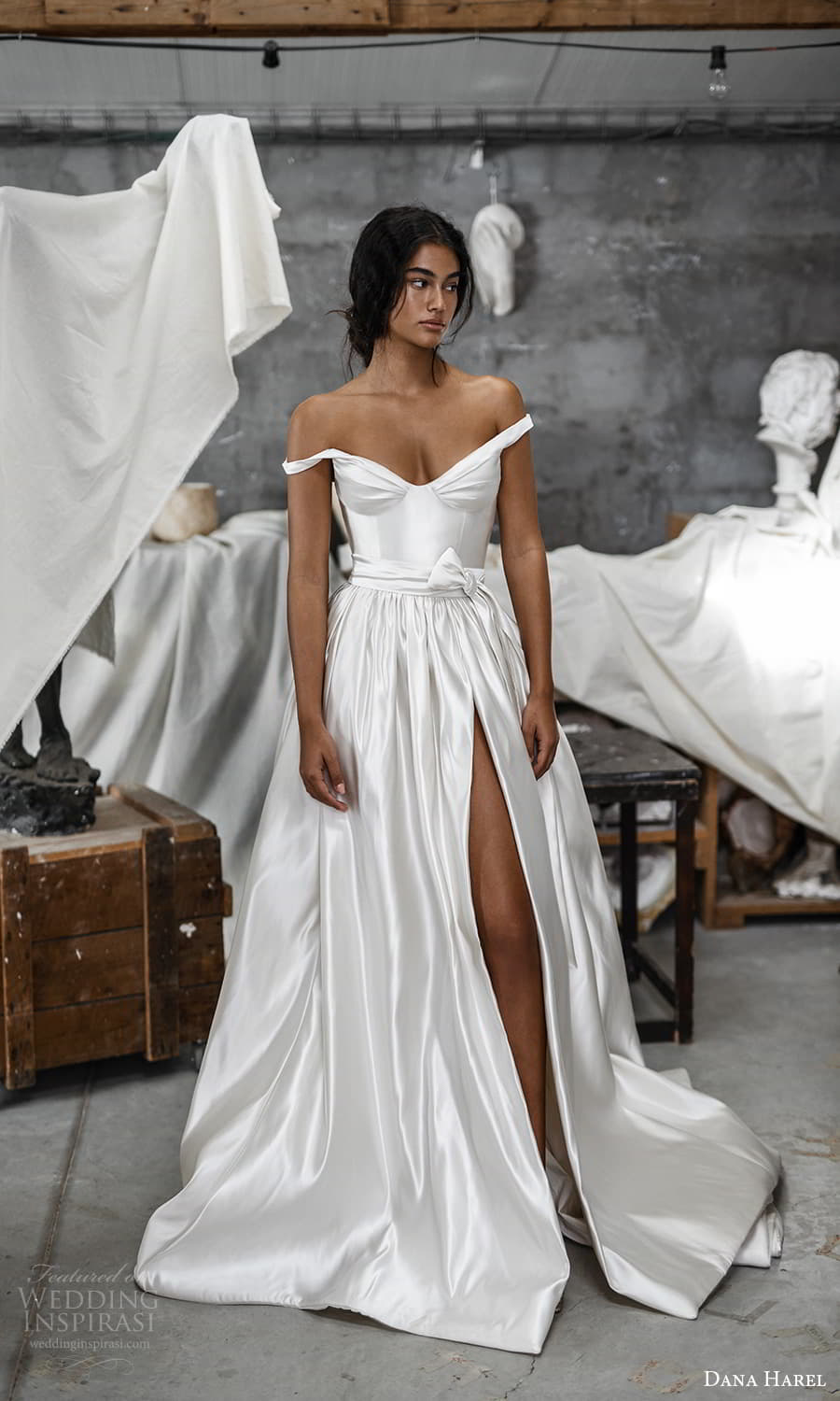 dana harel fall 2022 bridal straps off shoulder v neckline clean minimalist a line ball gown wedding dress chapel train (8) mv