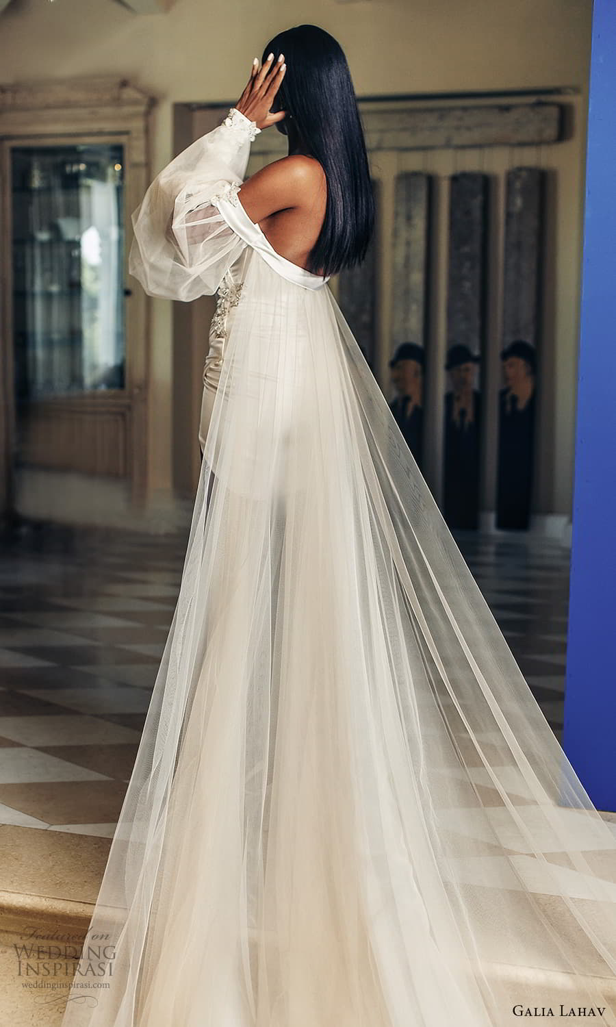 galia lahav fall 2022 couture bridal detached long puff sleeve cape strapless sweetheart short wedding dress (12) bv