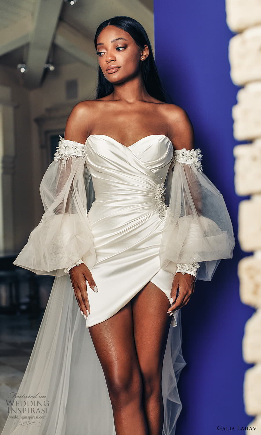 galia lahav fall 2022 couture bridal detached long puff sleeve cape strapless sweetheart short wedding dress (12) mv galia lahav fall 2022 couture bridal detached long puff sleeve cape strapless sweetheart short wedding dress (12) mv