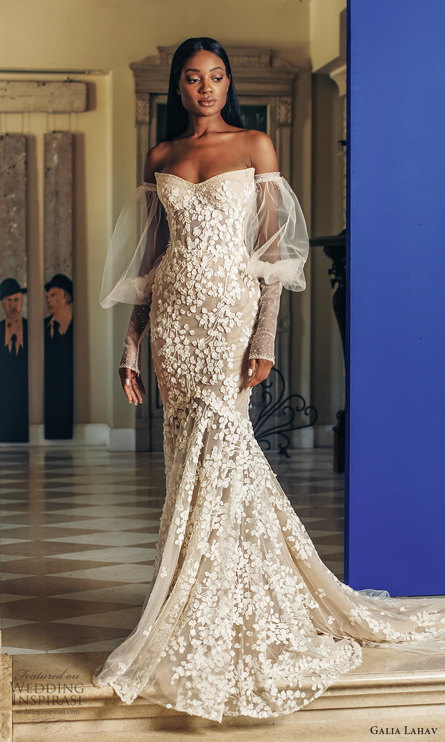 galia lahav fall 2022 couture bridal detached long sheer puff sleeve strapless semi sweetheart neckline fully embellished fit flare mermaid wedding dress chapel train (7) mv