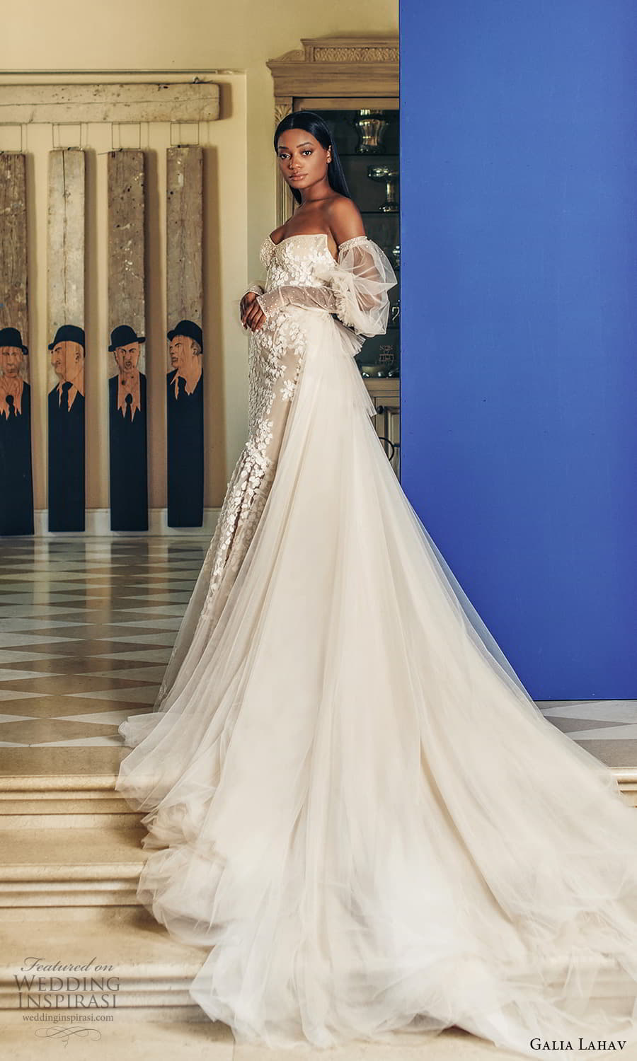 galia lahav fall 2022 couture bridal detached long sheer puff sleeve strapless semi sweetheart neckline fully embellished fit flare mermaid wedding dress chapel train a line overskirt (7) mv galia lahav fall 2022 couture bridal detached long sheer puff sleeve strapless semi sweetheart neckline fully embellished fit flare mermaid wedding dress chapel train a line overskirt (7) mv