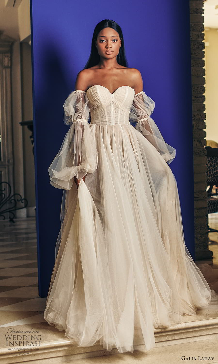 galia lahav fall 2022 couture bridal detached puff sleeve strapless sweetheart neckline ruched bodice a line ball gown wedding dress chapel train (9) fv galia lahav fall 2022 couture bridal detached puff sleeve strapless sweetheart neckline ruched bodice a line ball gown wedding dress chapel train (9) fv
