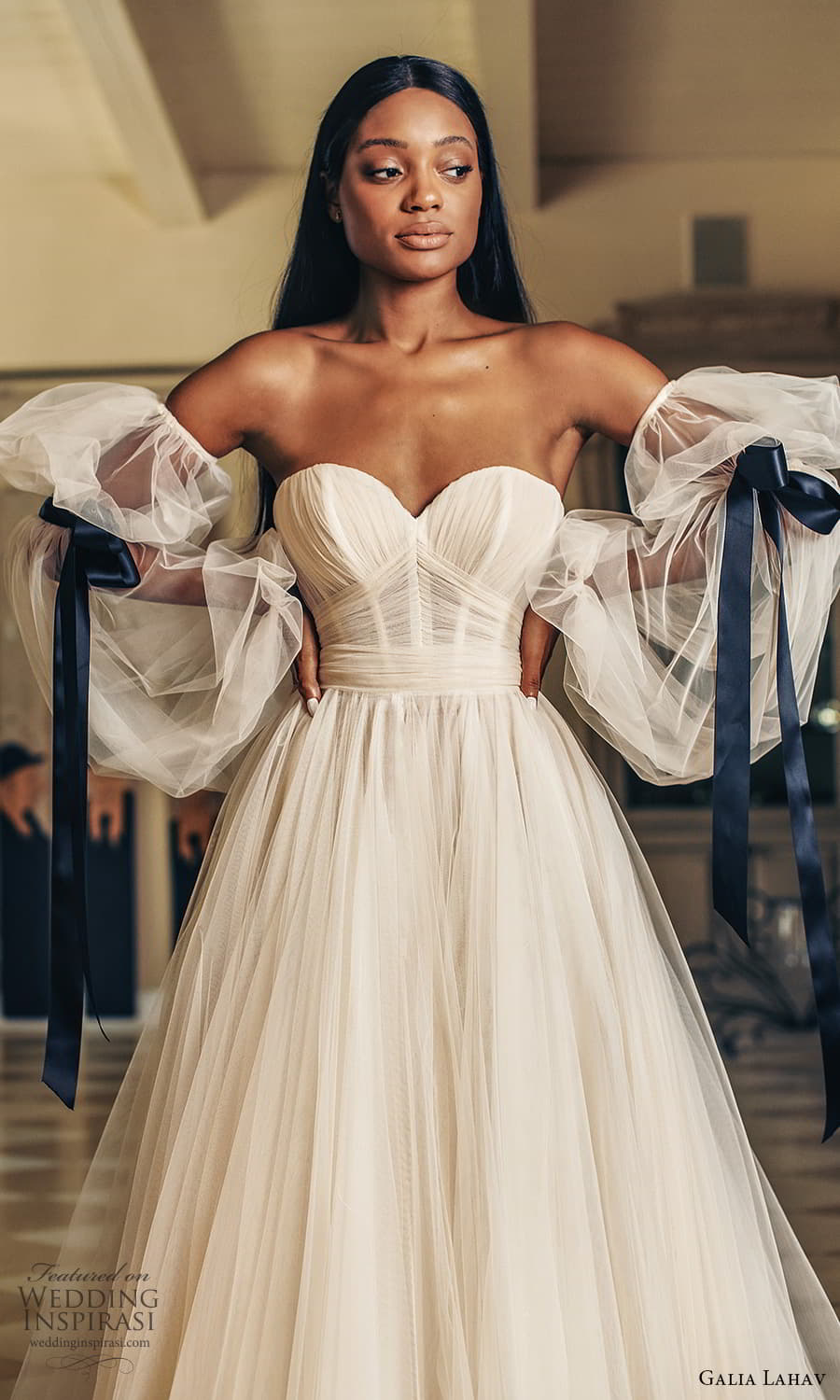 galia lahav fall 2022 couture bridal detached puff sleeve strapless sweetheart neckline ruched bodice a line ball gown wedding dress chapel train (9) mv