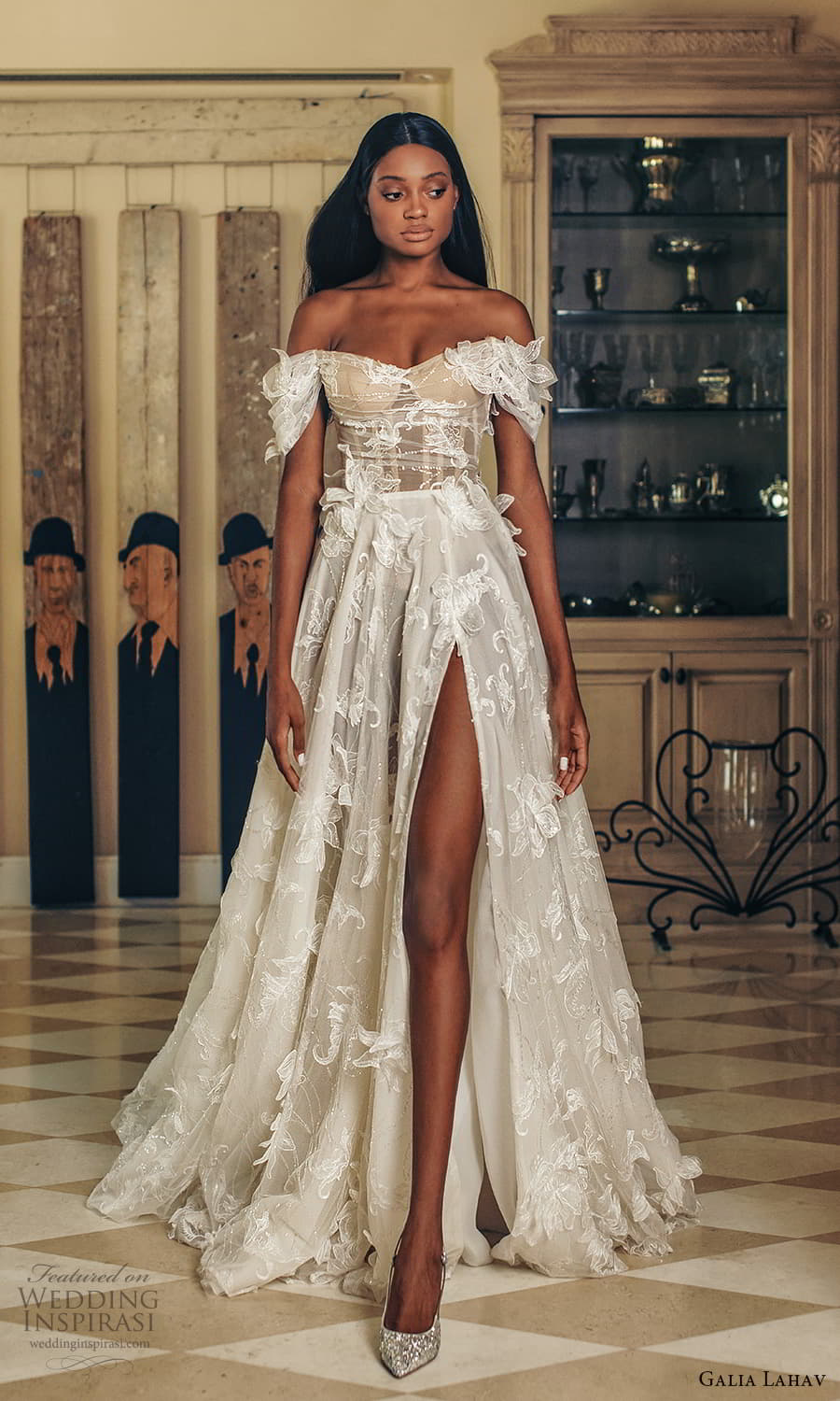 galia lahav fall 2022 couture bridal off shoulder straps sweetheart neckline ruched bodice embellished a line ball gown wedding dress chapel train (3) mv