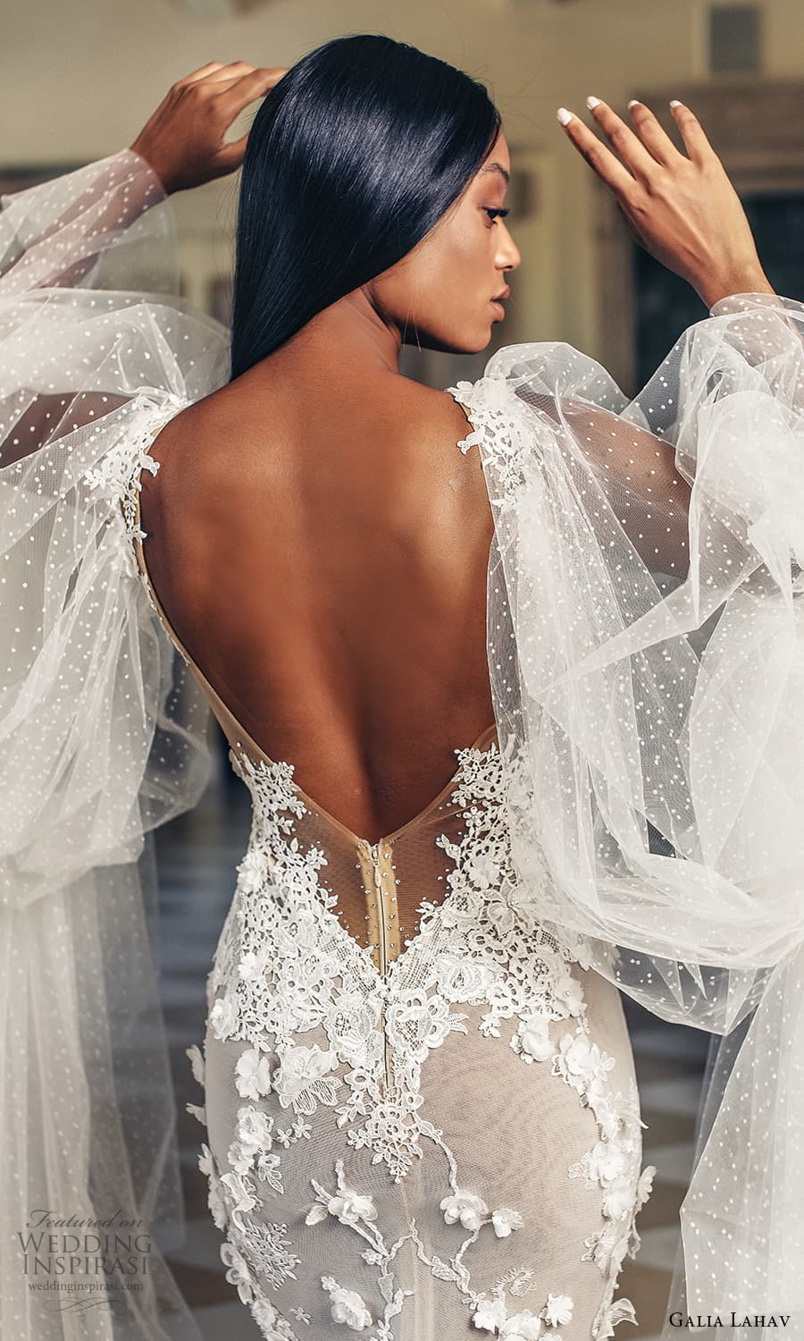 galia lahav fall 2022 couture bridal sheer long puff sleeve plunging v neckline fully embellished sheath wedding dress chapel train (4) zbv