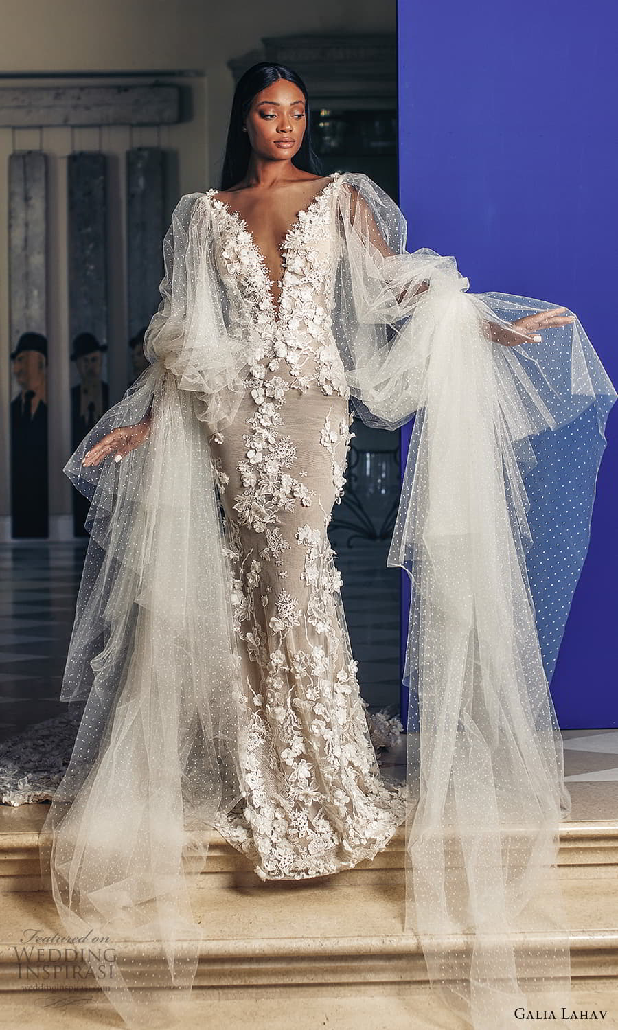 galia lahav fall 2022 couture bridal sheer long puff sleeve plunging vneckline fully embellished sheath wedding dress chapel train (4) mv