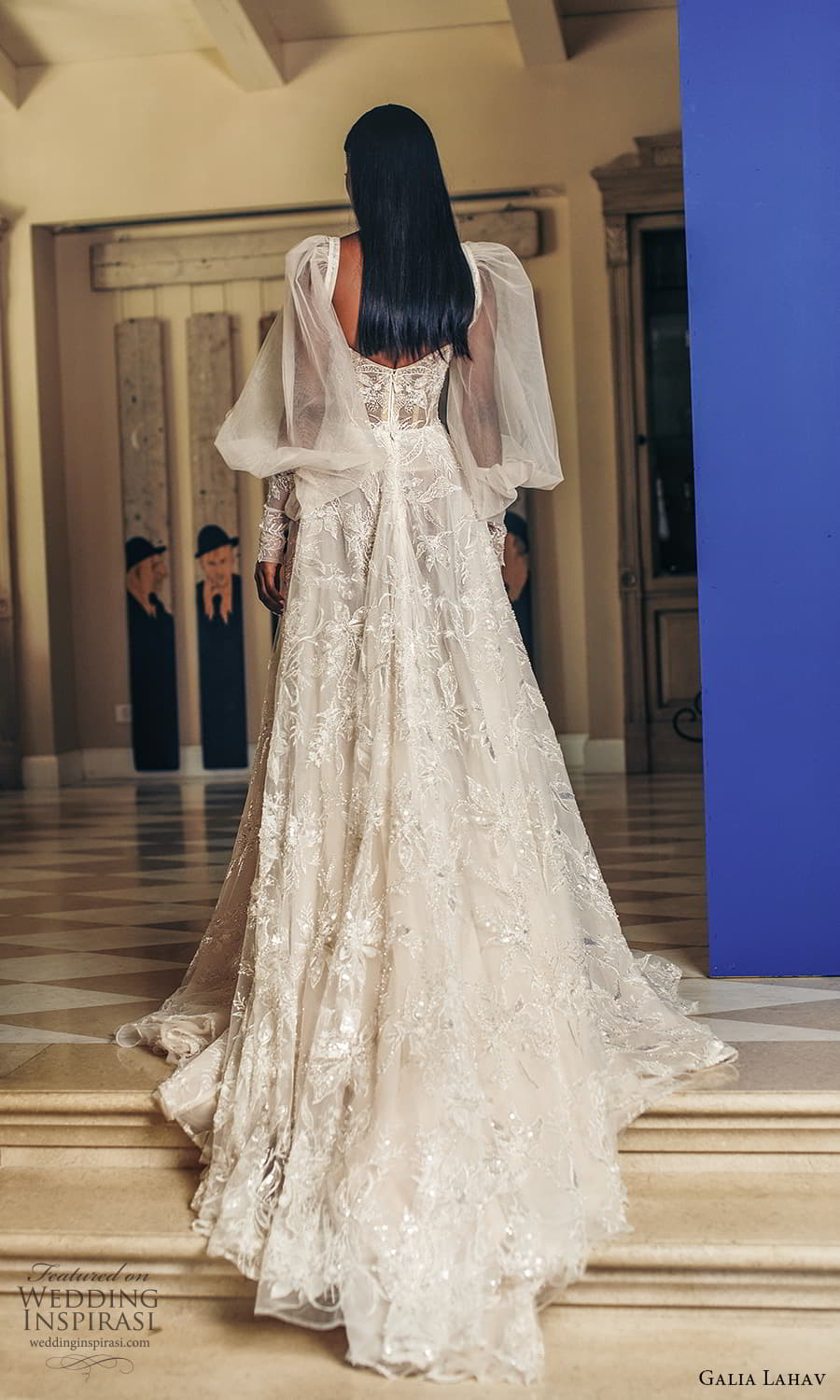galia lahav fall 2022 couture bridal sheer long puff sleeve square neckline sheer cutout heavily embellished a line wedding dress chapel train (8) bv galia lahav fall 2022 couture bridal sheer long puff sleeve square neckline sheer cutout heavily embellished a line wedding dress chapel train (8) bv