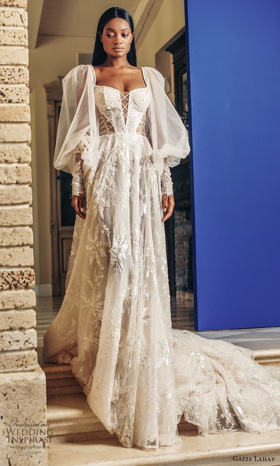 galia lahav fall 2022 couture bridal sheer long puff sleeve square neckline sheer cutout heavily embellished a line wedding dress chapel train (8) mv