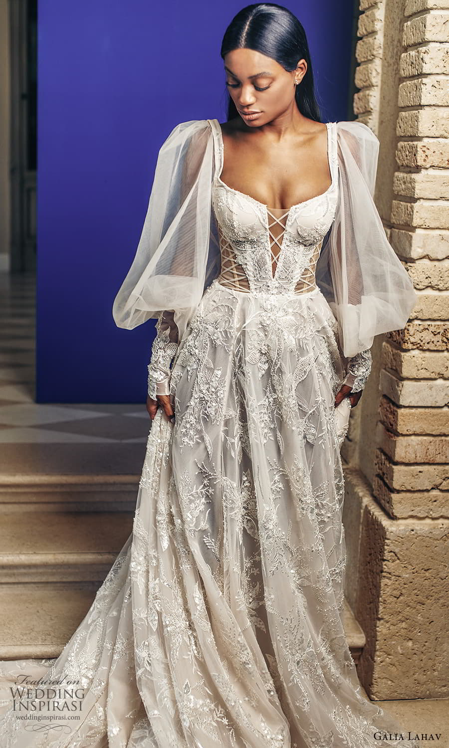 galia lahav fall 2022 couture bridal sheer long puff sleeve square neckline sheer cutout heavily embellished a line wedding dress chapel train (8) zv galia lahav fall 2022 couture bridal sheer long puff sleeve square neckline sheer cutout heavily embellished a line wedding dress chapel train (8) zv