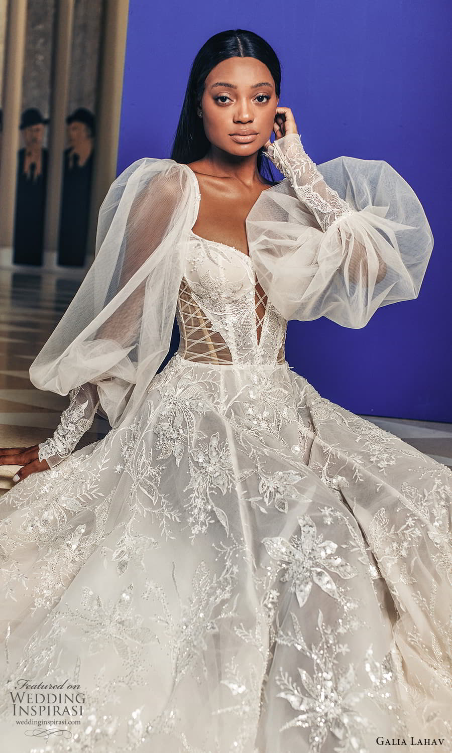 galia lahav fall 2022 couture bridal sheer long puff sleeve square neckline sheer cutout heavily embellished a line wedding dress chapel train (8) zv galia lahav fall 2022 couture bridal sheer long puff sleeve square neckline sheer cutout heavily embellished a line wedding dress chapel train (8) zv