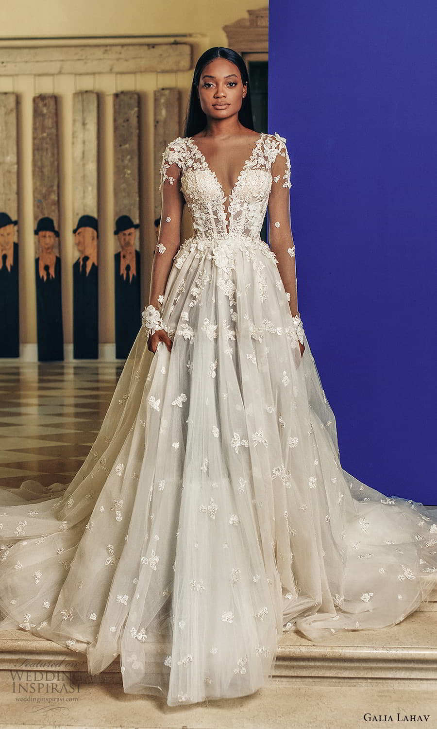 galia lahav fall 2022 couture bridal sheer long sleeve plunging v neckline fully embellished a line ball gown wedding dress chapel train (11) mv
