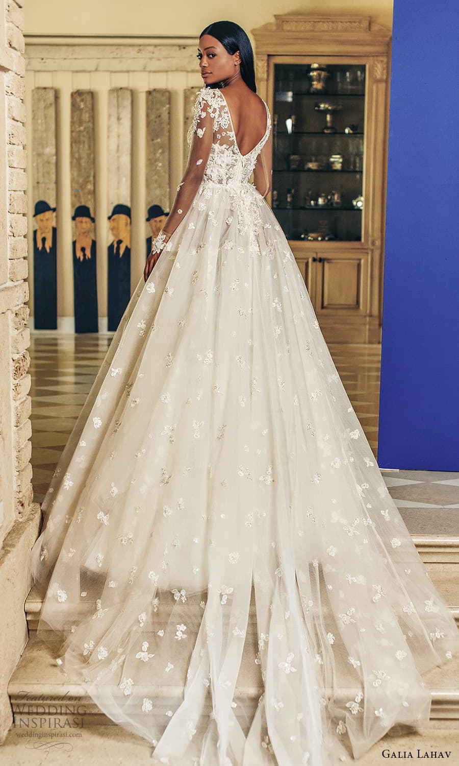 galia lahav fall 2022 couture bridal sheer long sleeve plunging v neckline fully embellished a line ball gown wedding dress chapel train v back (11) bv