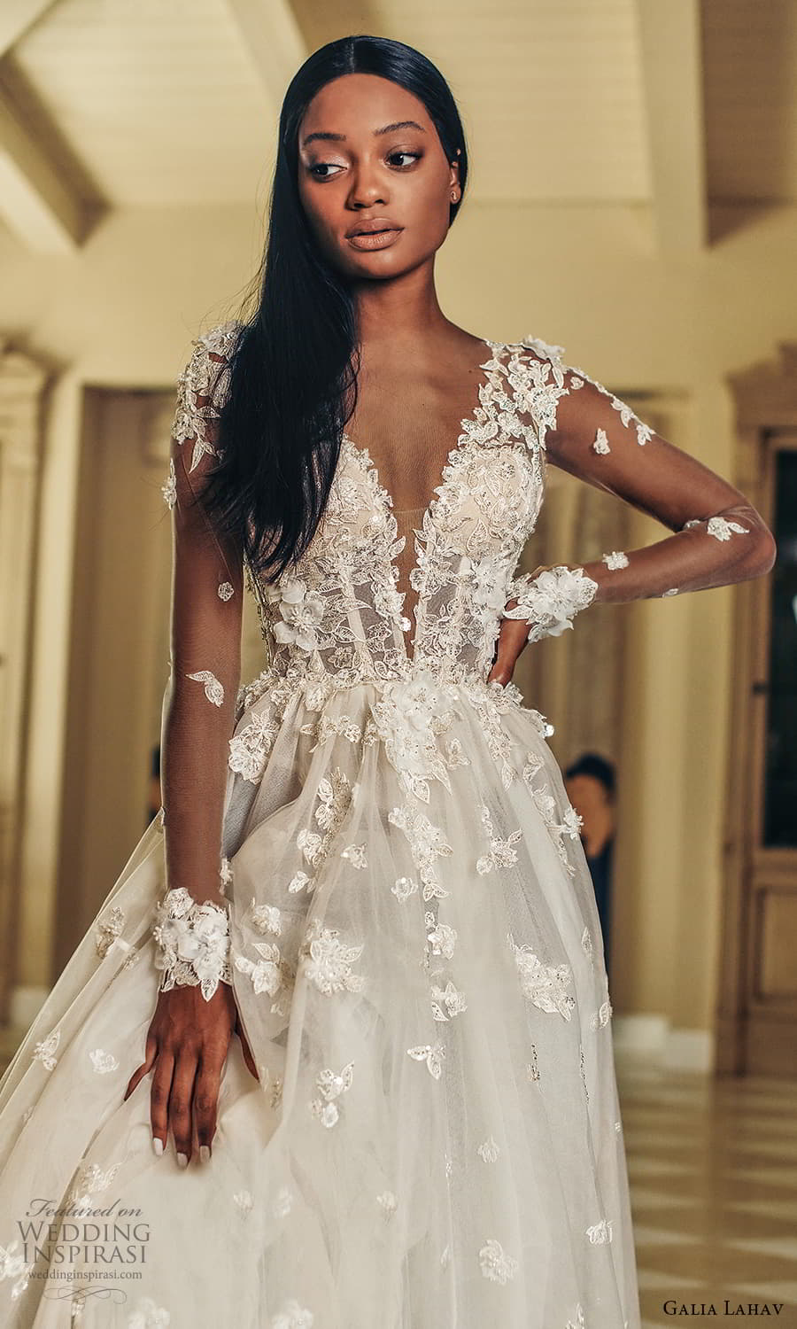 galia lahav fall 2022 couture bridal sheer long sleeve plunging v neckline fully embellished a line ball gown wedding dress chapel train v back (11) zv