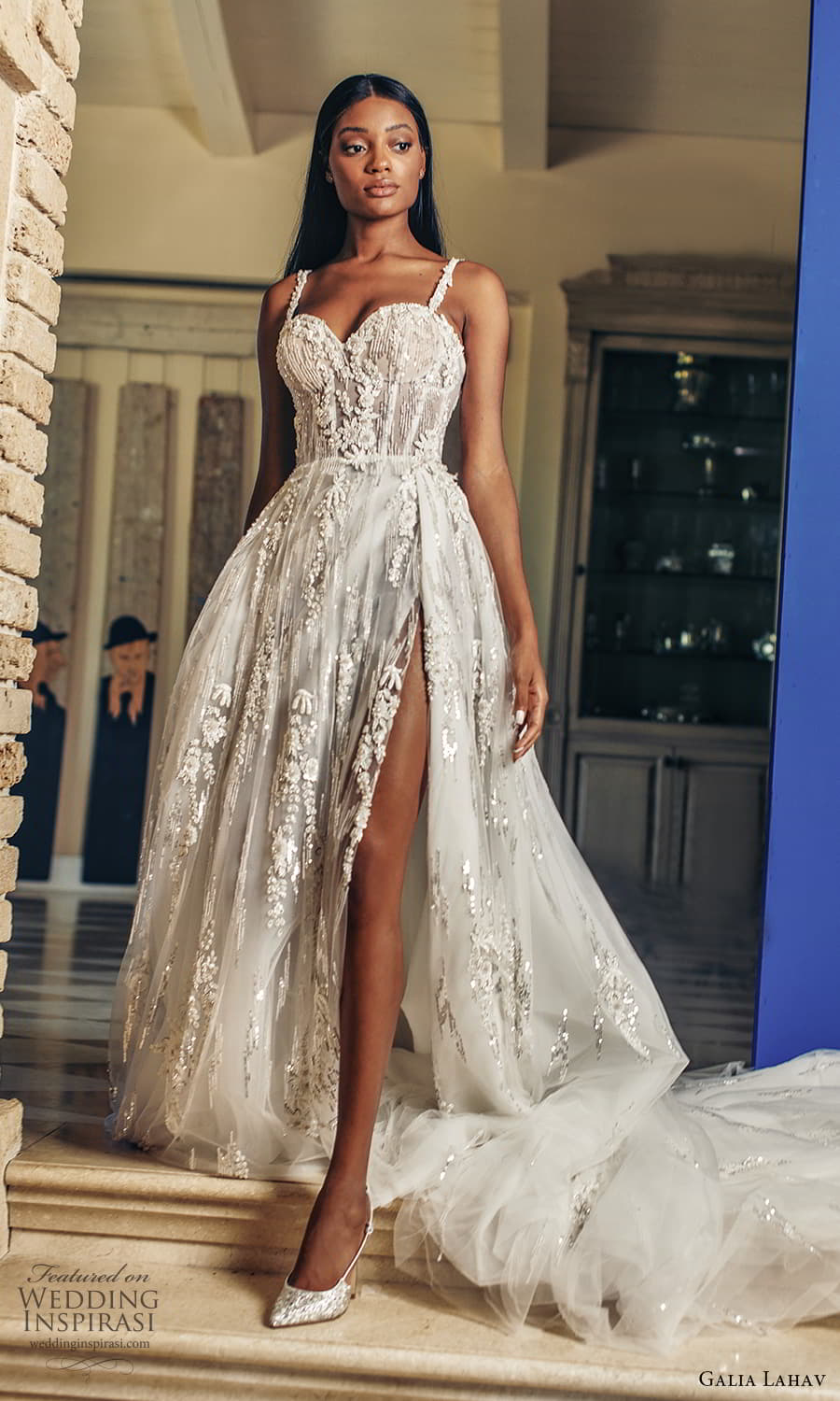 galia lahav fall 2022 couture bridal sleeveless straps sweetheart neckline fully embellished a line ball gown wedding dress chapel train slit skirt (10) mv