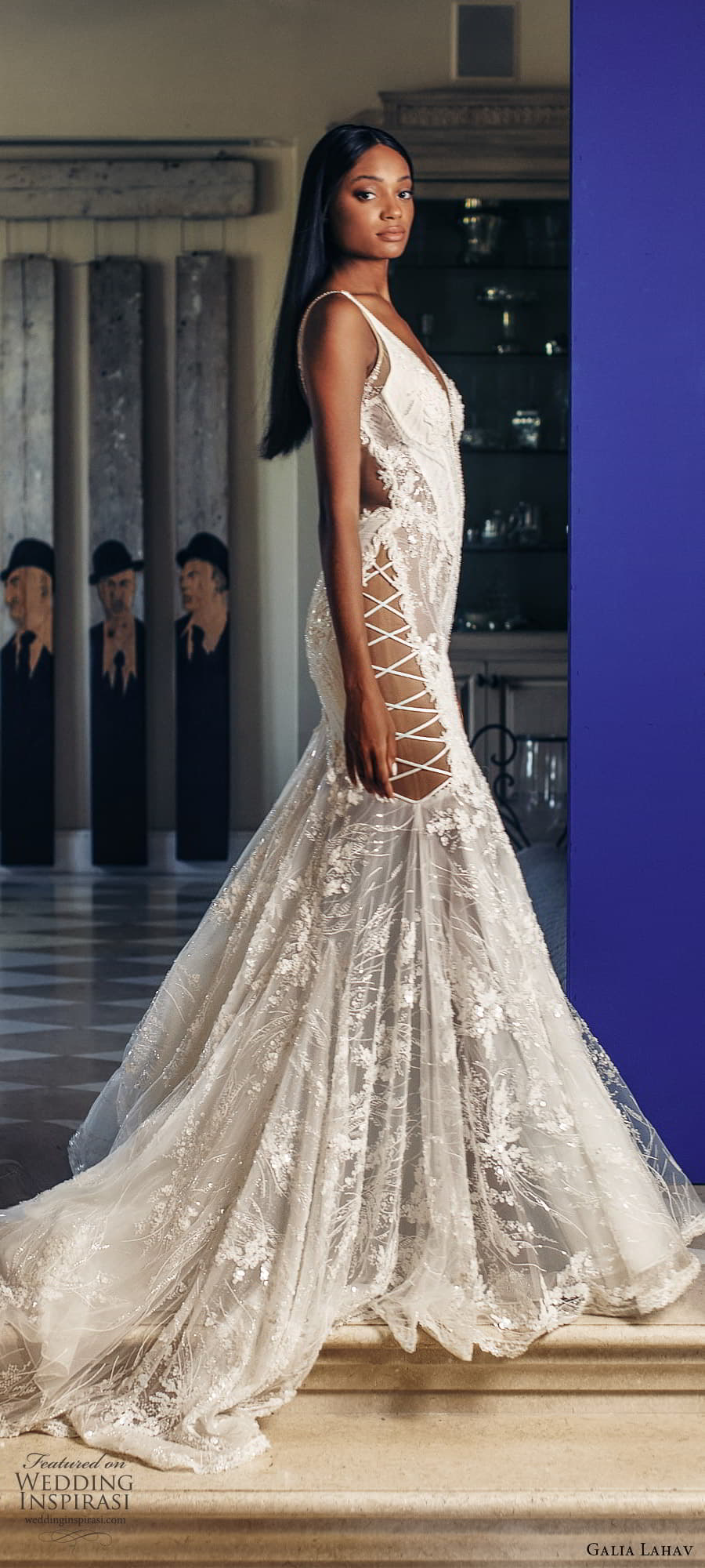 galia lahav fall 2022 couture bridal sleeveless straps v neckline fully embellished sheath wedding dress chapel train (14) sv