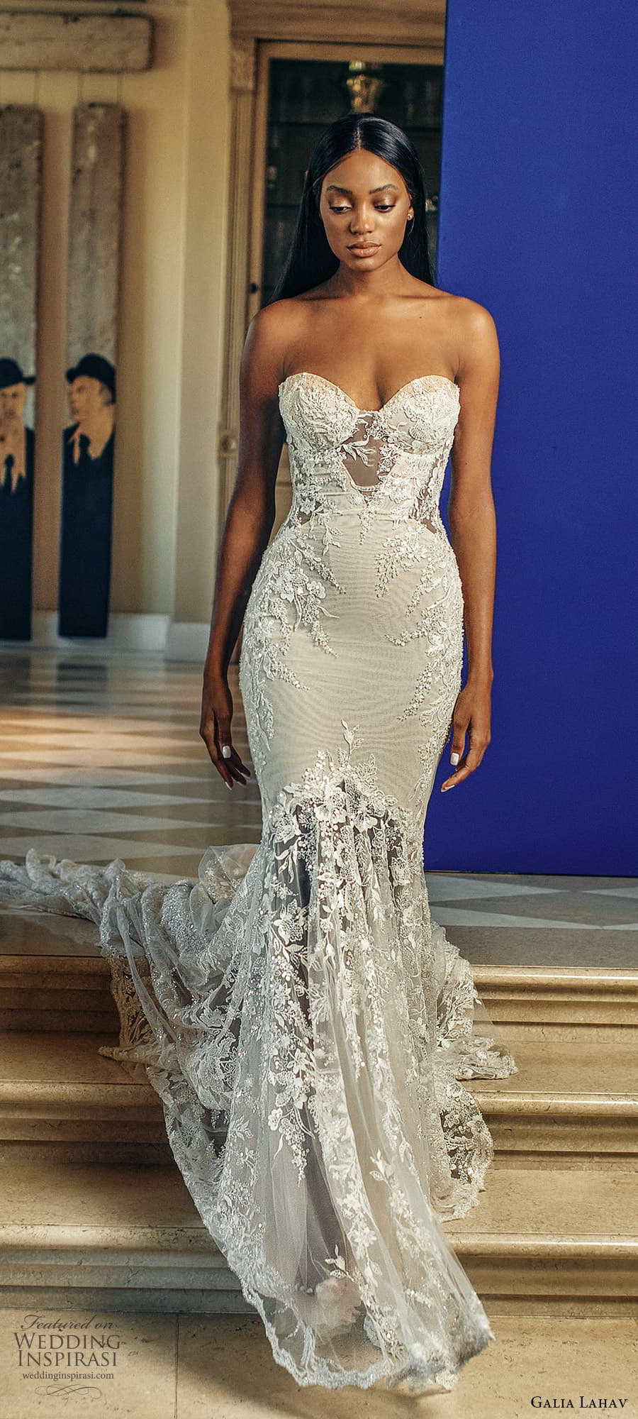 galia lahav fall 2022 couture bridal strapless sweetheart neckline fully embellished fit flare mermaid wedding dress chapel train (2) mv