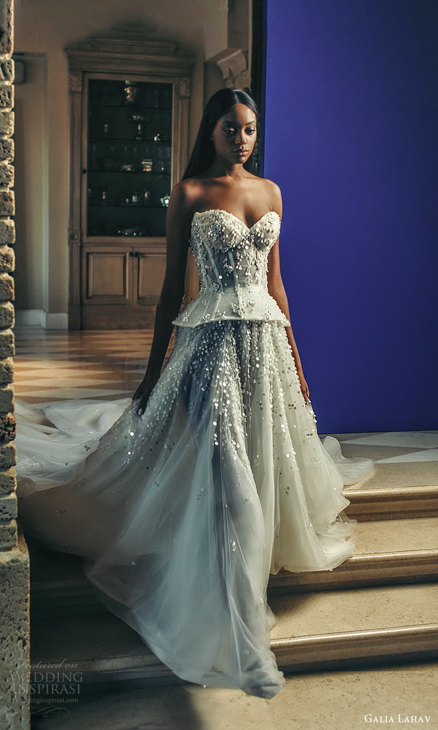 galia lahav fall 2022 couture bridal strapless sweetheart neckline fully embellished peplum a line ball gown wedding dress chapel train (1) mv