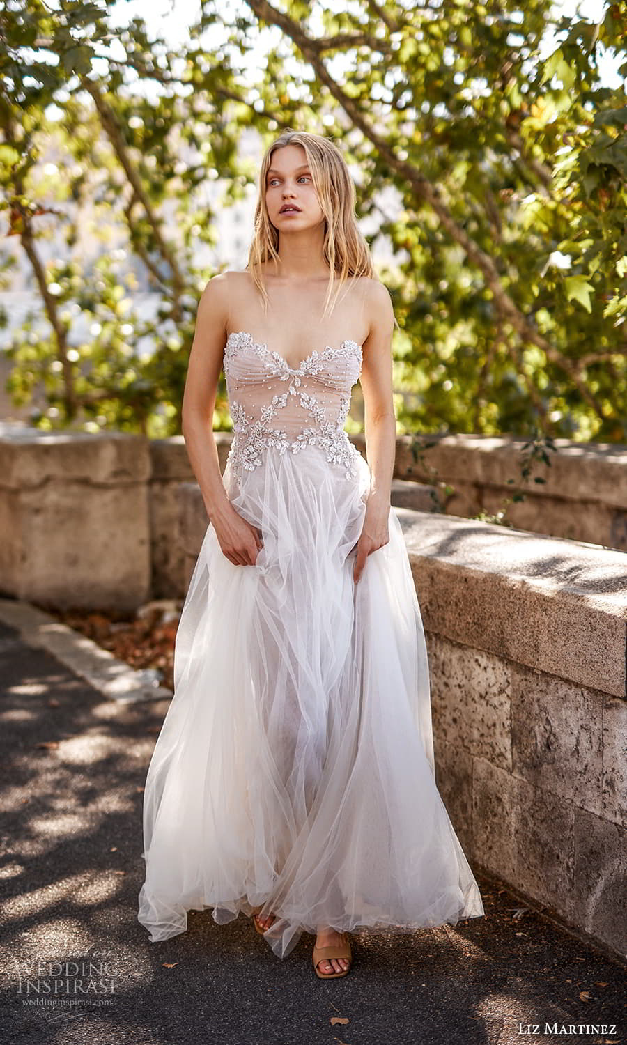 liz martinez fall 2022 bridal sleeveless sheer straps sweetheart neckline embellished bodice a line wedding dress chapel train (12) mv