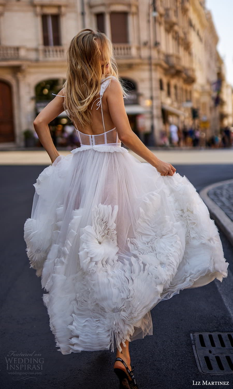 liz martinez fall 2022 bridal sleeveless straps scoop neckline sheer corset bodice ball gown wedding dress ruffle skirt (4) bv