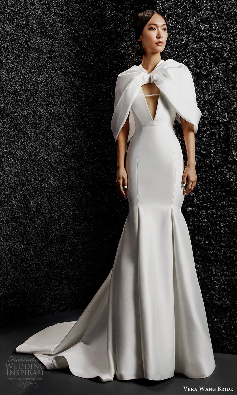 vera wang bride pronovias fall 2021 bridal cape tulip sleeve plunging v neckline clean modern sheath wedding dress chapel train (6) mv vera wang bride pronovias fall 2021 bridal cape tulip sleeve plunging v neckline clean modern sheath wedding dress chapel train (6) mv