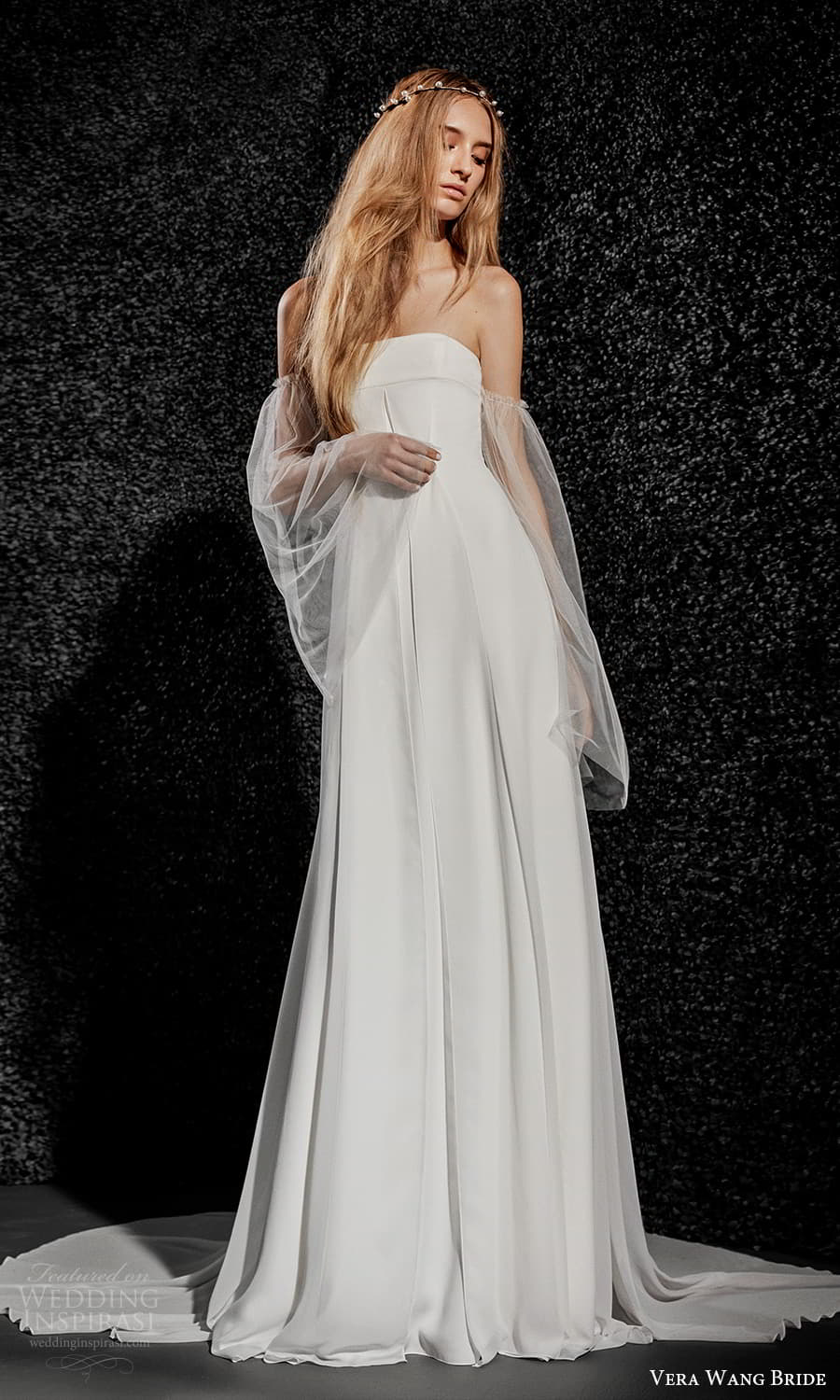vera wang bride pronovias fall 2021 bridal detached flare sleeve strapless straight across neckline a line wedding dress chapel train (27) mv vera wang bride pronovias fall 2021 bridal detached flare sleeve strapless straight across neckline a line wedding dress chapel train (27) mv