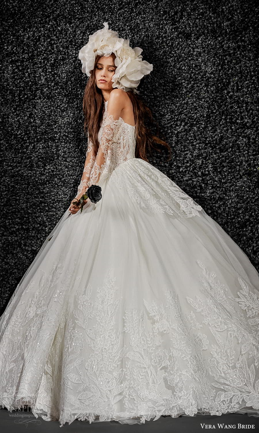 vera wang bride pronovias fall 2021 bridal sheer detached long sleeve sleeveless halter neckline embellished lace ball gown wedding dress chapel train (11) mv vera wang bride pronovias fall 2021 bridal sheer detached long sleeve sleeveless halter neckline embellished lace ball gown wedding dress chapel train (11) mv