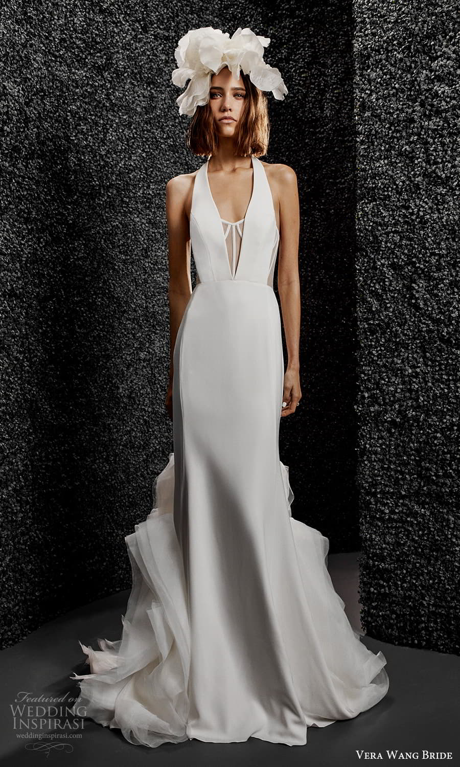 vera wang bride pronovias fall 2021 bridal sleeveless straps plunging v halter neckline clean minimalist sheath wedding dress chapel train (7) mv