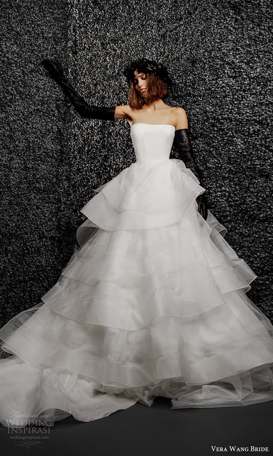 vera wang bride pronovias fall 2021 bridal strapless straight across neckline clean minimalist a line ball gown wedding dress tiered skirt chapel train (27) mv