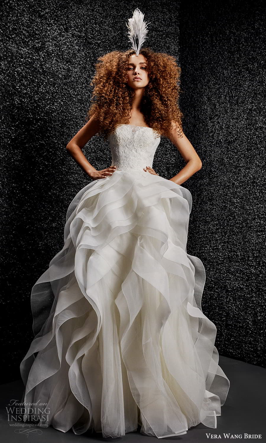 vera wang bride pronovias fall 2021 bridal strapless straight across neckline embellished lace bodice a line wedding dress flange ruffle skirt chapel train (3) mv vera wang bride pronovias fall 2021 bridal strapless straight across neckline embellished lace bodice a line wedding dress flange ruffle skirt chapel train (3) mv