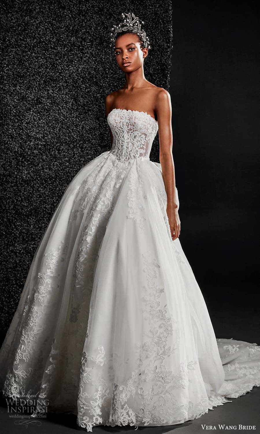 vera wang bride pronovias fall 2021 bridal strapless straight across neckline fully embellished lace a line ball gown wedding dress chapel train (5) mv