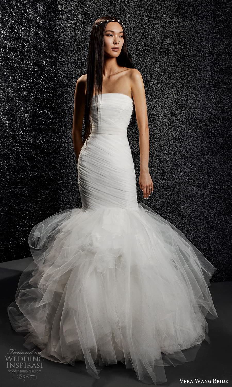 vera wang bride pronovias fall 2021 bridal strapless straight across neckline ruched bodice mermaid wedding dress (8) mv