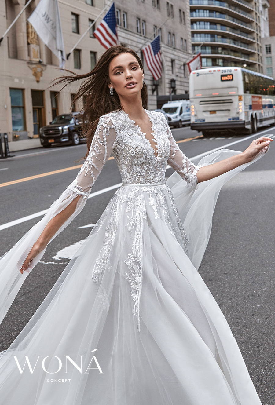 wona 2022 bridal long hanging sleeves deep v neck heavily embellished goddess a line wedding dress chapel train (chance) zv