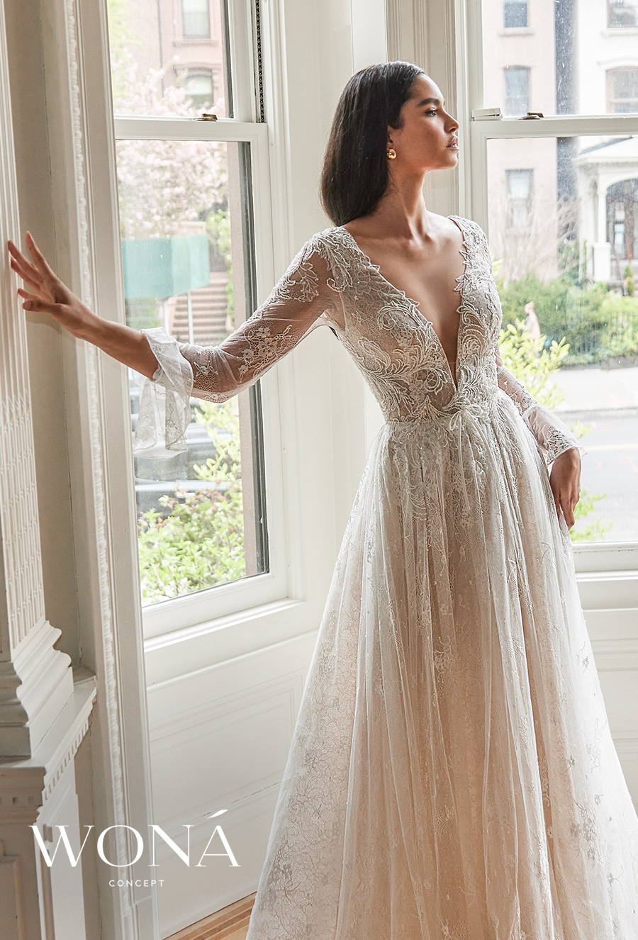 wona 2022 bridal long poet sleeves deep v neck full embellishment romantic a line wedding dress chapel train (leonila) zv