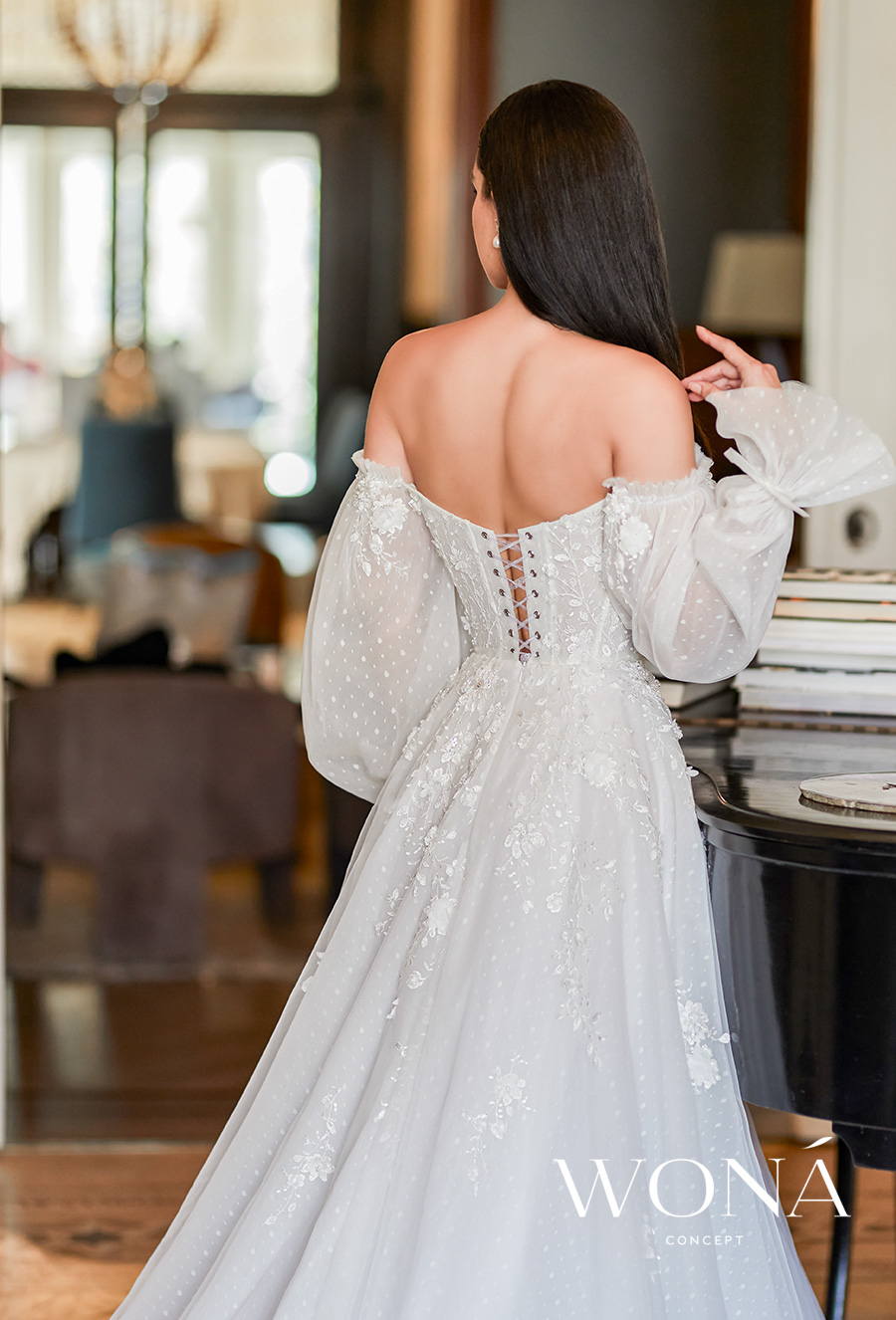 wona 2022 bridal long poet sleeves off the shoulder sweetheart neckline bustier heavily embellished bodice romantic a line wedding dress mid corset back chapel train (nadin) bv