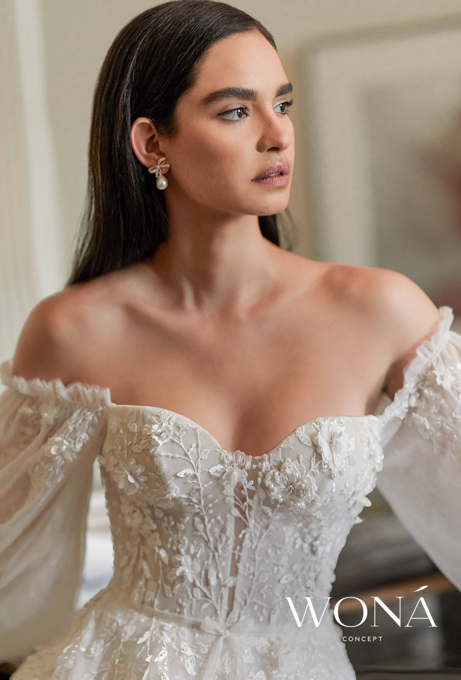 wona 2022 bridal long poet sleeves off the shoulder sweetheart neckline bustier heavily embellished bodice romantic a line wedding dress mid corset back chapel train (nadin) zv