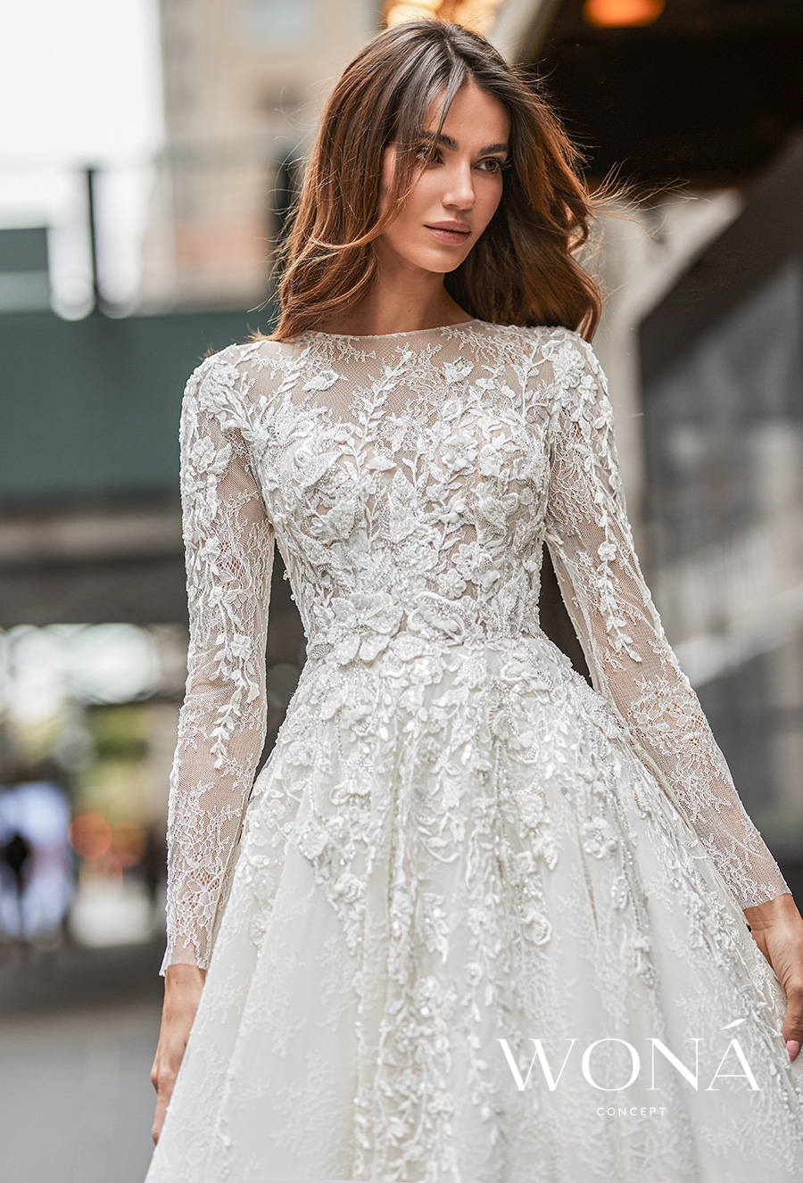 wona 2022 bridal long sleeves bateu neckline heavily embellished bodice princess elegant a line wedding dress royal train (maria) zv