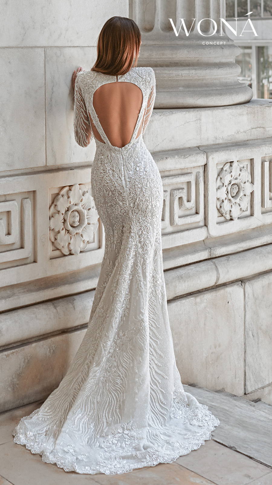 wona 2022 bridal long sleeves deep v neck full embellished glamorous sheath wedding dress keyhole back sweep train (jordan) bv