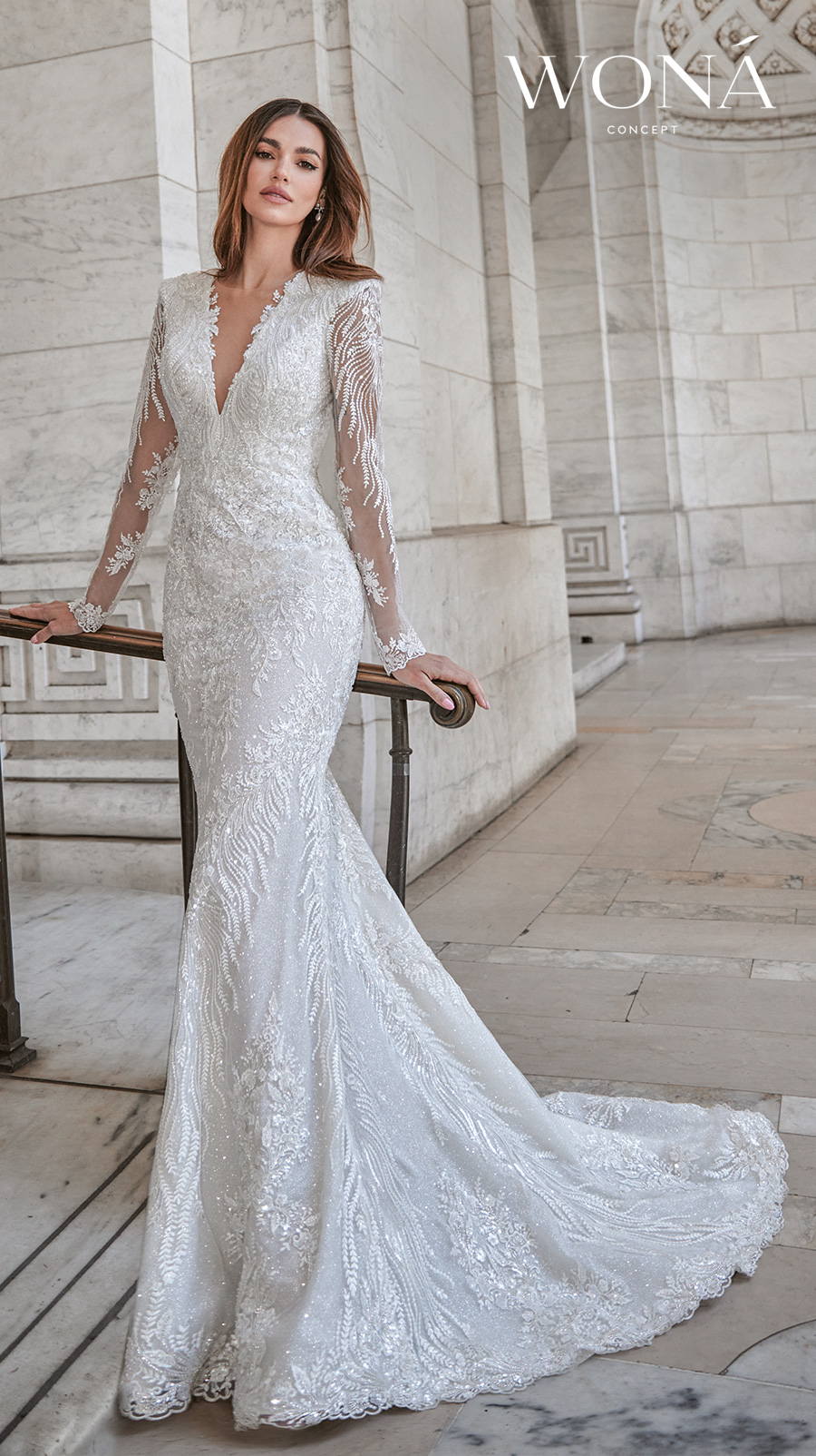 wona 2022 bridal long sleeves deep v neck full embellished glamorous sheath wedding dress keyhole back sweep train (jordan) mv