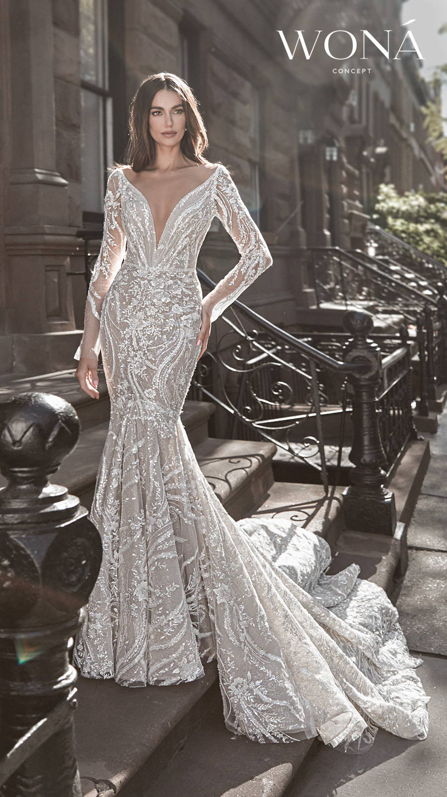 wona 2022 bridal long sleeves deep v neck full embellishment glamorous fit and flare wedding dress low back chapel train (goddess) mv