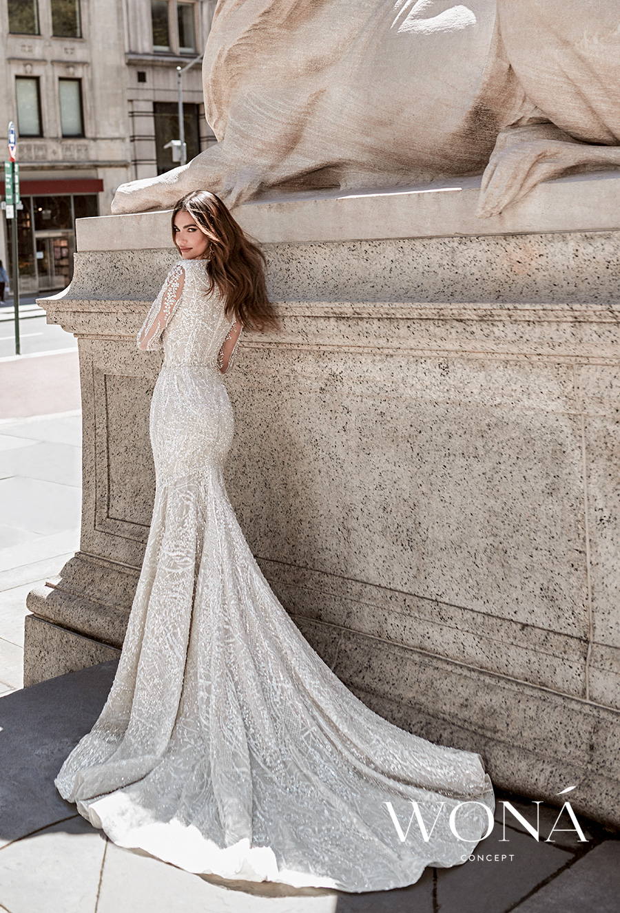 wona 2022 bridal long sleeves deep v neck full embellisment glamorous trumpet wedding dress covered back chapel train (blanc) bv
