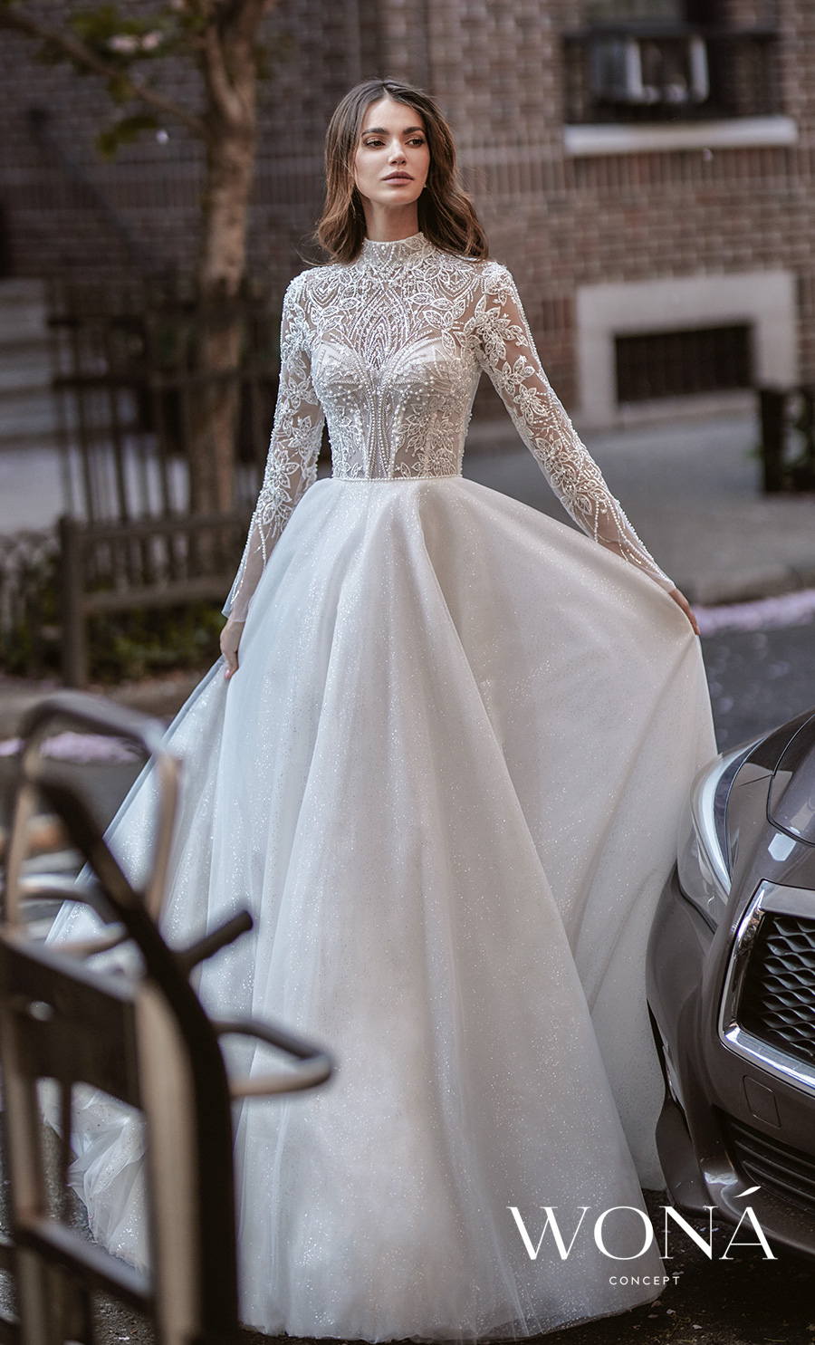 wona 2022 bridal long sleeves high neck heavily embellished bodice glamorous a line wedding dress covered back royal train (vera) mv