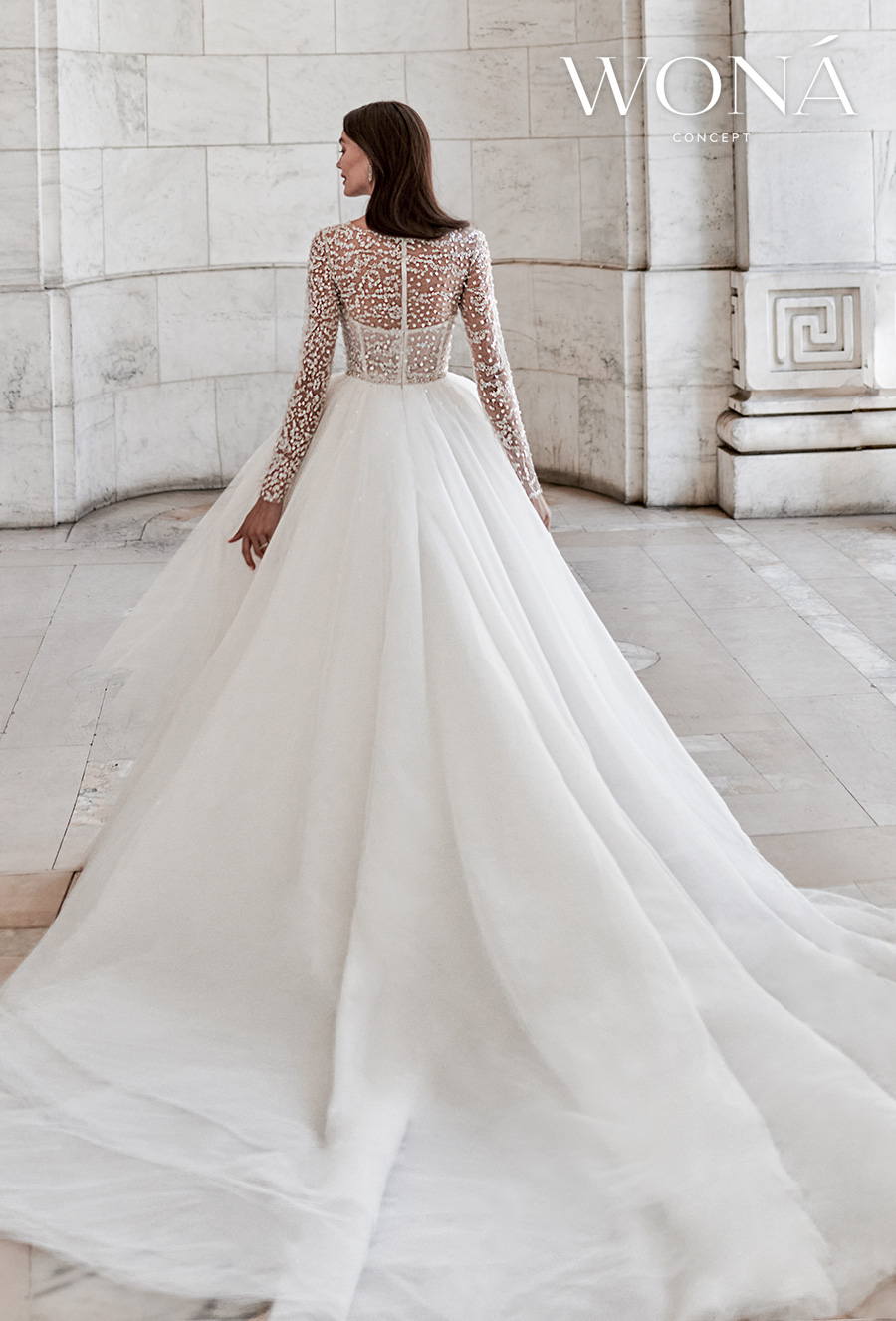 wona 2022 bridal long sleeves illusion bateau sweetheart neckline heavily embellished bodice bustier a line wedding dress tiered skirt illusion back royal train (natalie) bv